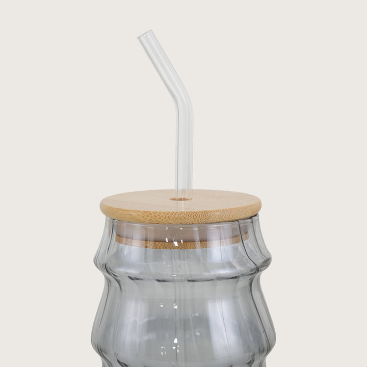Grey Ripple Glass Tumbler with Bamboo Lid and Glass Straw