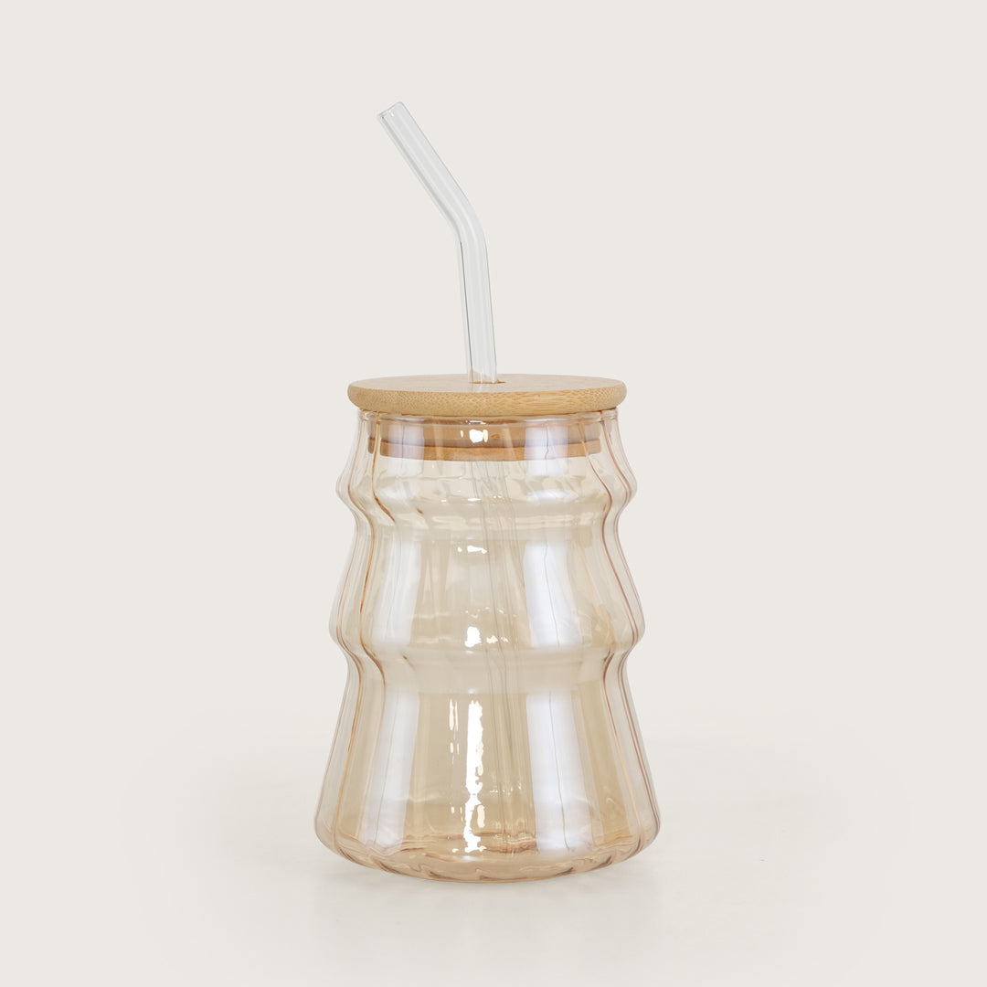 Golden Ripple Glass Tumbler with Bamboo Lid and Glass Straw