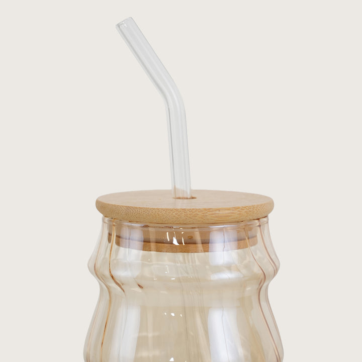 Golden Ripple Glass Tumbler with Bamboo Lid and Glass Straw