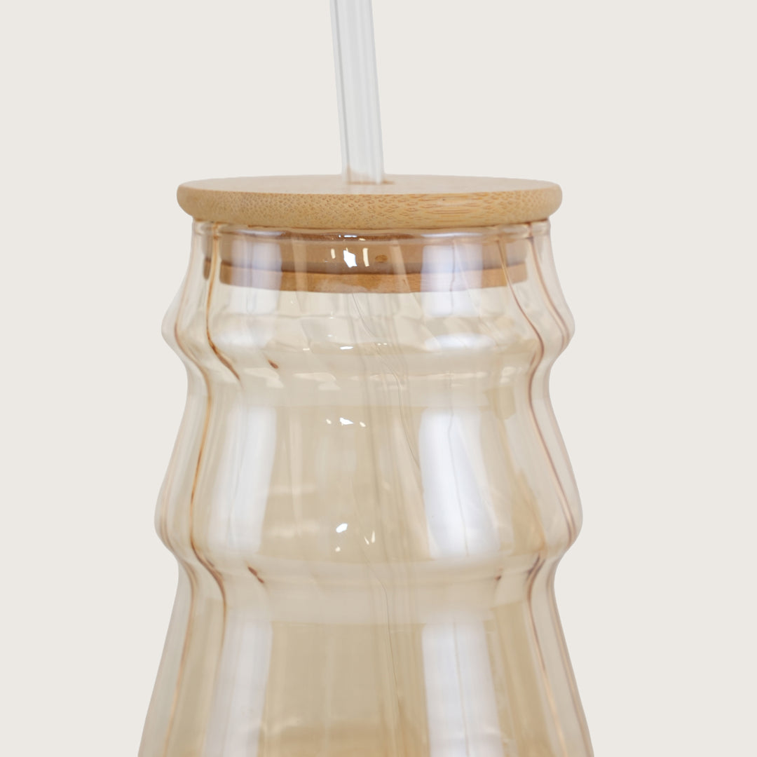 Golden Ripple Glass Tumbler with Bamboo Lid and Glass Straw