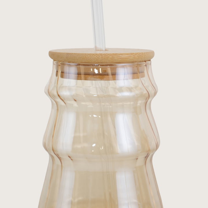 Golden Ripple Glass Tumbler with Bamboo Lid and Glass Straw