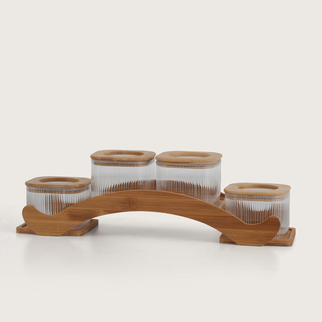 Bridge Collection Ribbed Glass Spice Set with Bamboo Arc Stand Set of 5
