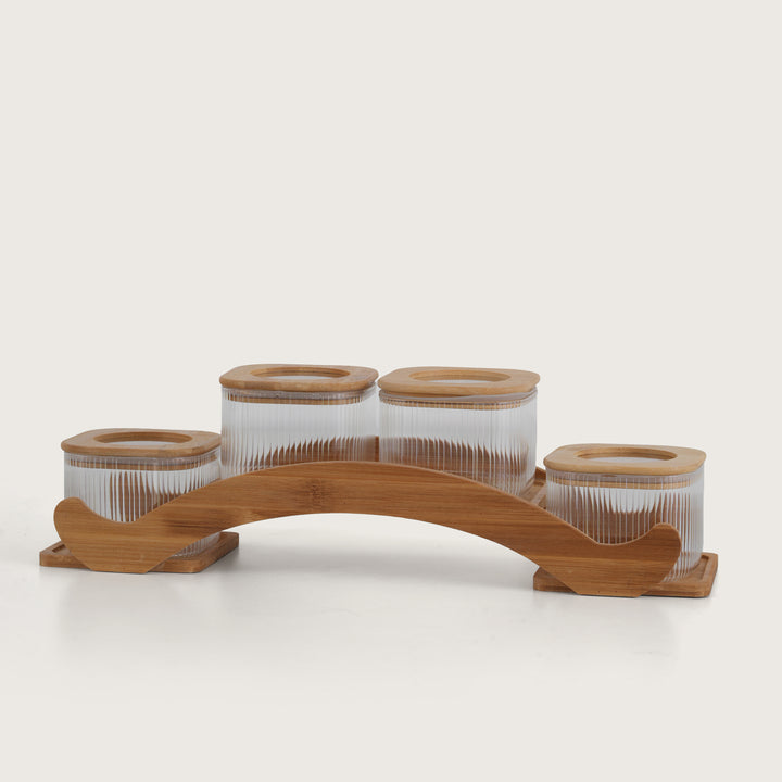 Bridge Collection Ribbed Glass Spice Set with Bamboo Arc Stand Set of 5
