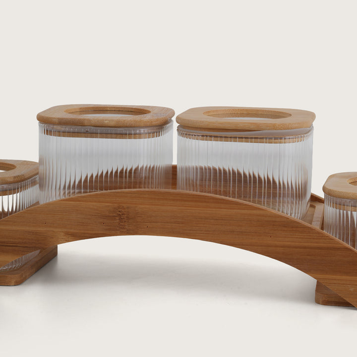 Bridge Collection Ribbed Glass Spice Set with Bamboo Arc Stand Set of 5