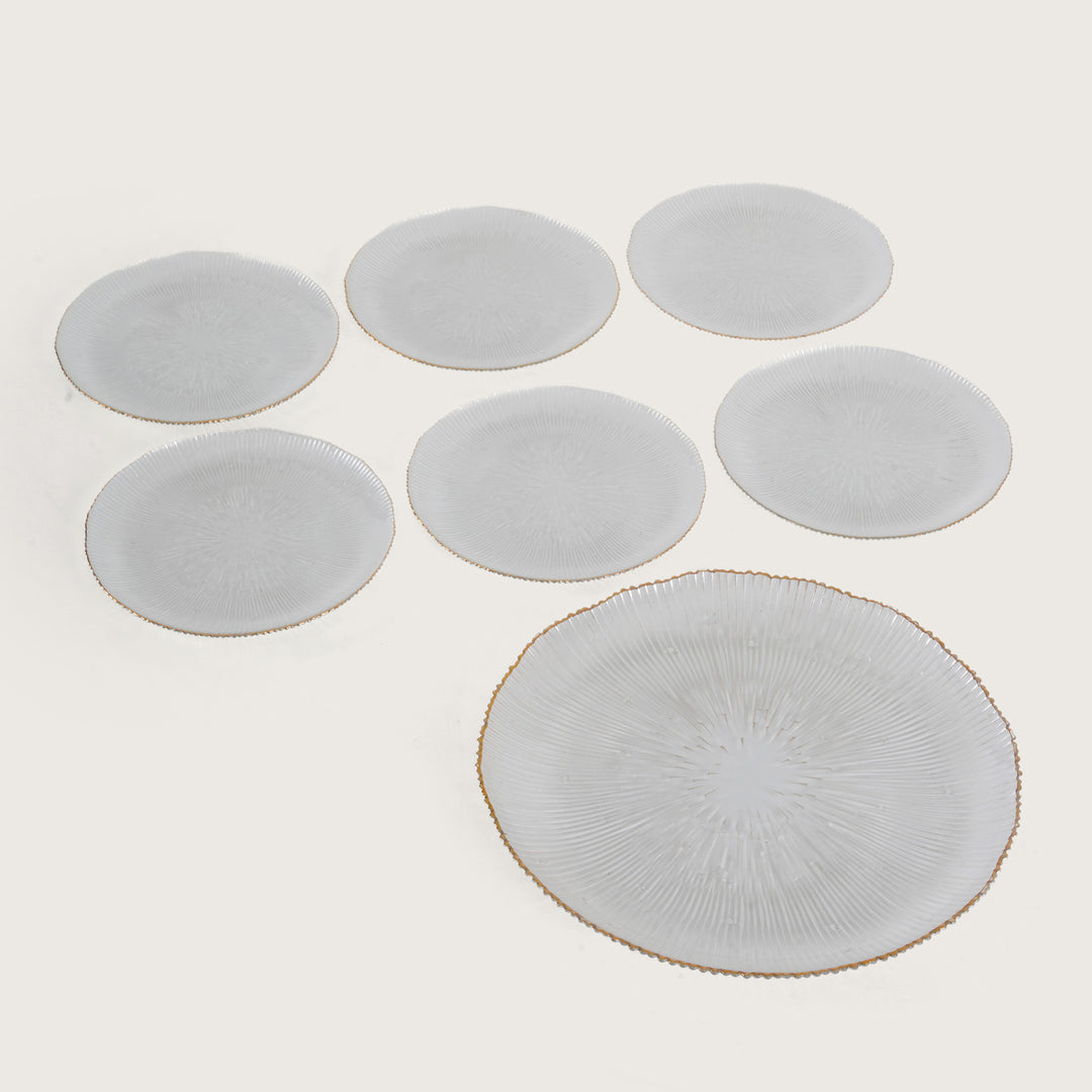 Scalloped Glass Platter Set with Gold Rim – 1 Large Tray & 6 Appetizer Plates