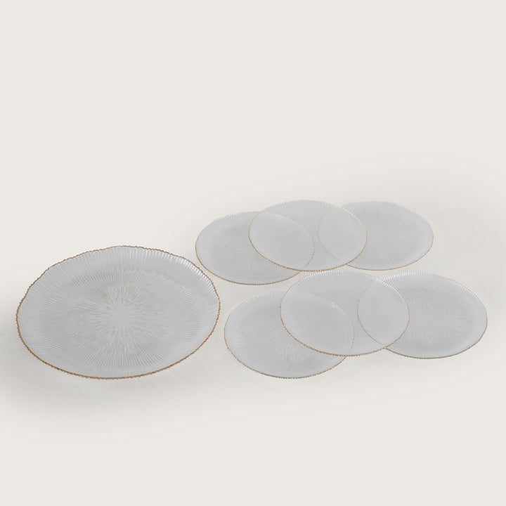 Scalloped Glass Platter Set with Gold Rim – 1 Large Tray & 6 Appetizer Plates