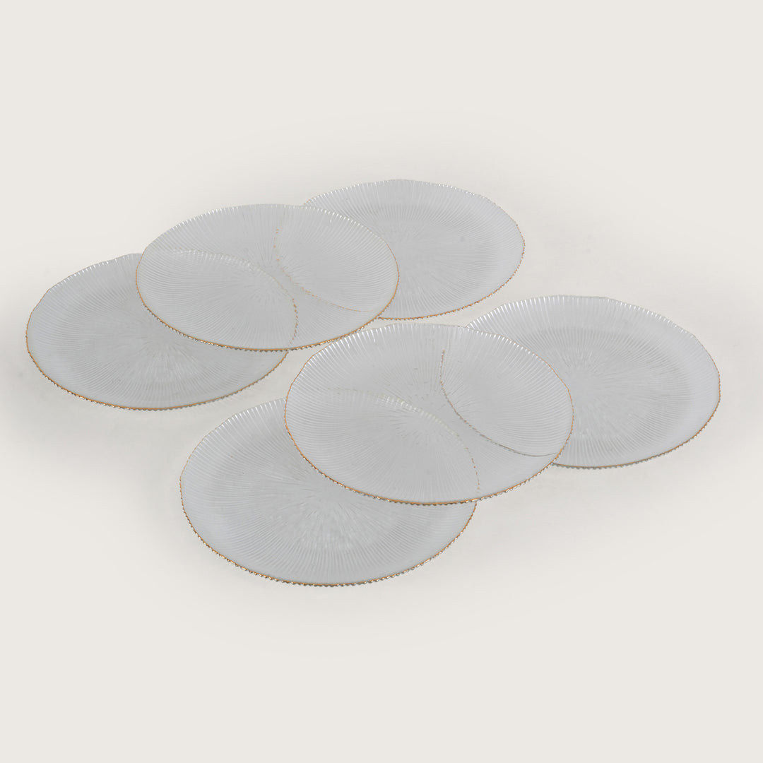 Scalloped Glass Platter Set with Gold Rim – 1 Large Tray & 6 Appetizer Plates