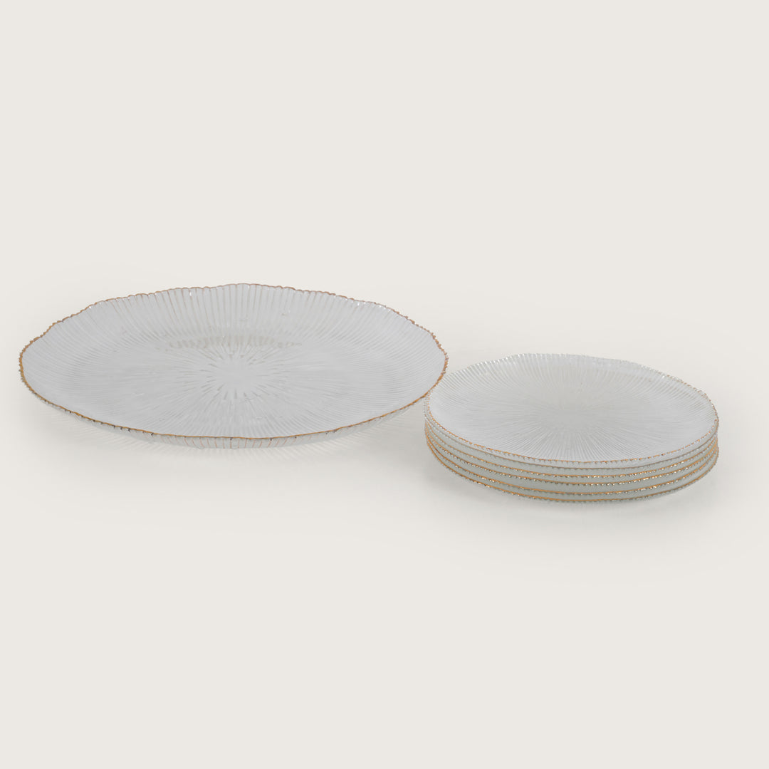 Scalloped Glass Platter Set with Gold Rim – 1 Large Tray & 6 Appetizer Plates