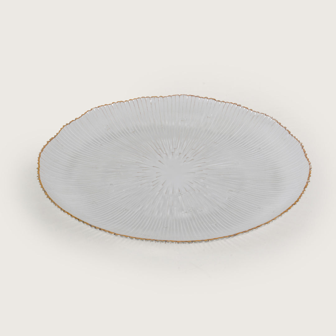Scalloped Glass Platter Set with Gold Rim – 1 Large Tray & 6 Appetizer Plates