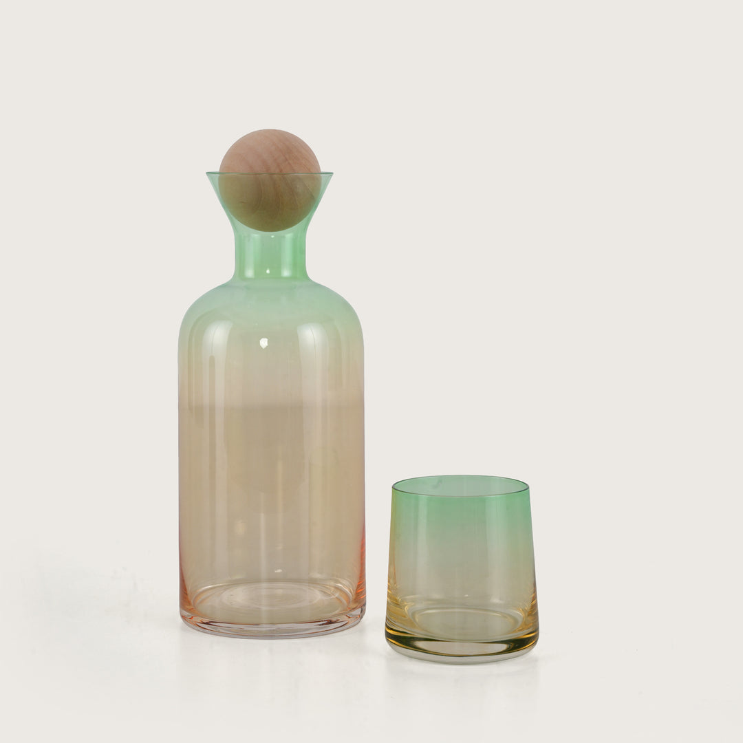 Modern Glass Decanter Set with Spherical Wood Lid and 6 Tumblers