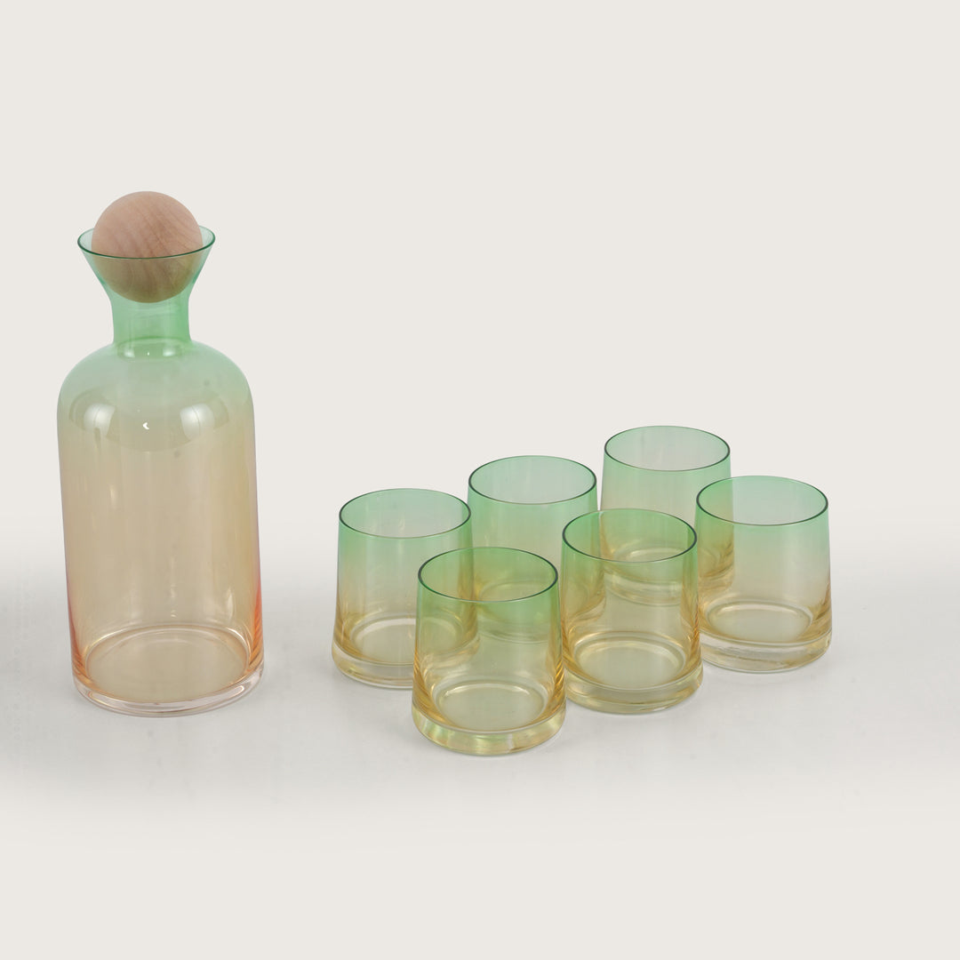 Modern Glass Decanter Set with Spherical Wood Lid and 6 Tumblers