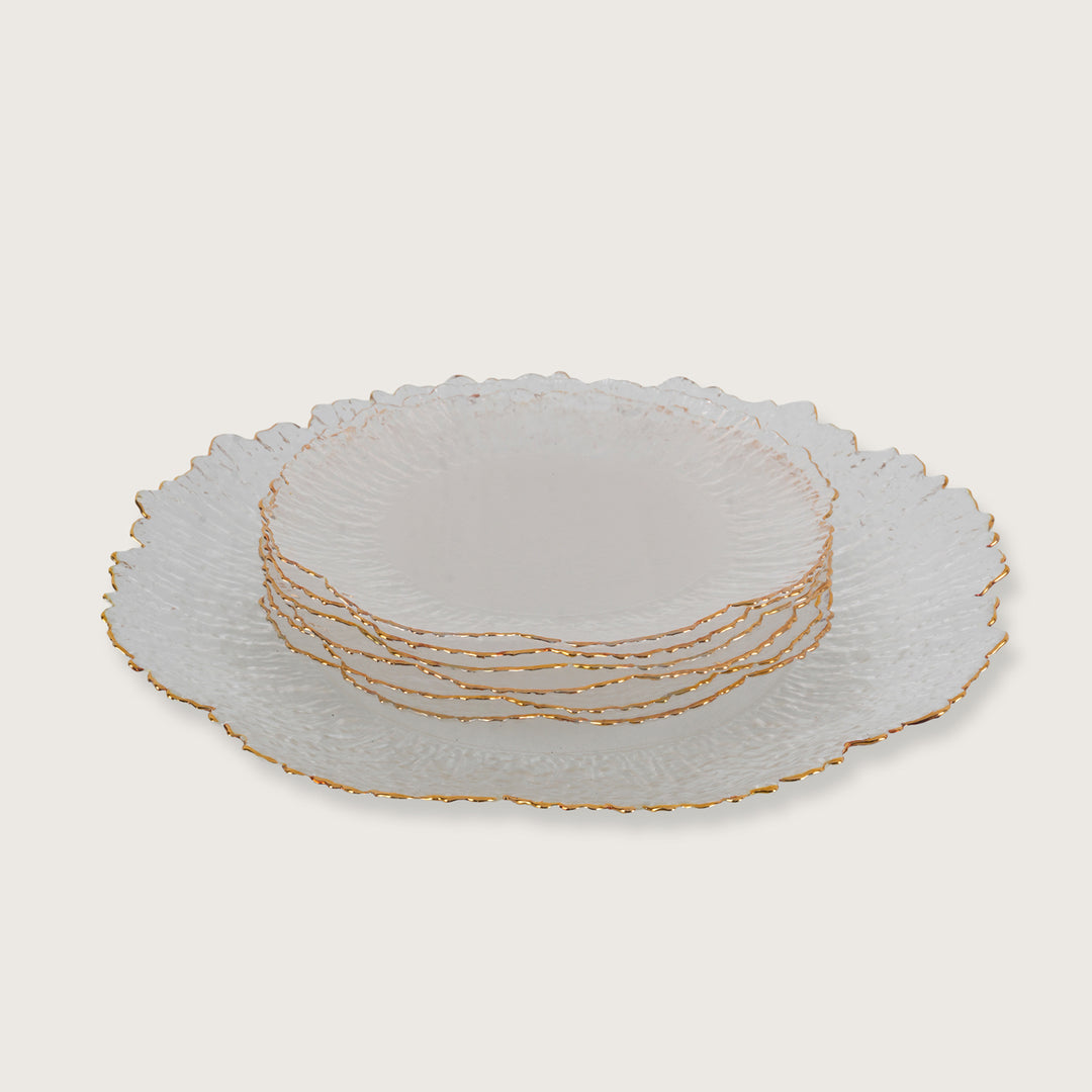 Sunburst Glass Platter Set with Gold Rim – 1 Large Tray & 6 Snack Plates