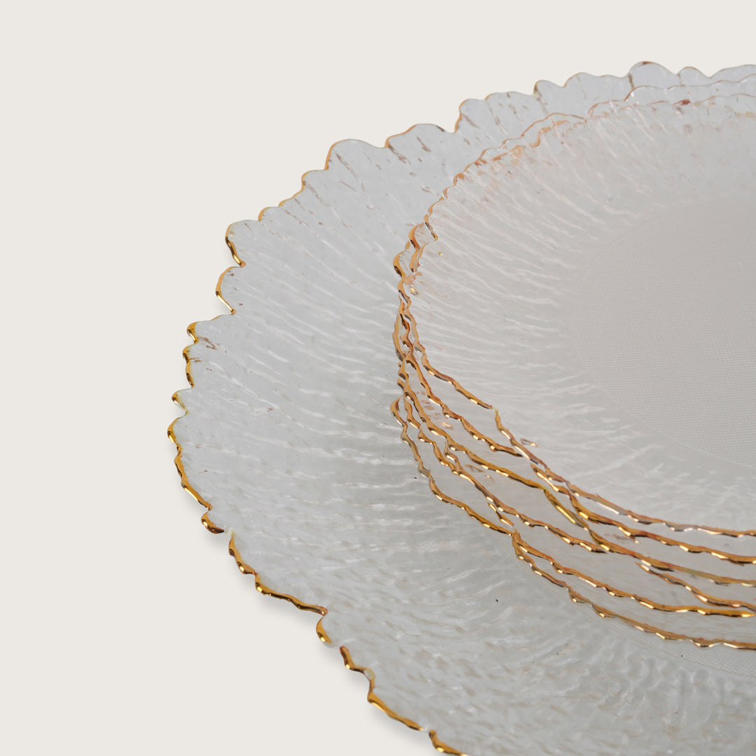 Sunburst Glass Platter Set with Gold Rim – 1 Large Tray & 6 Snack Plates