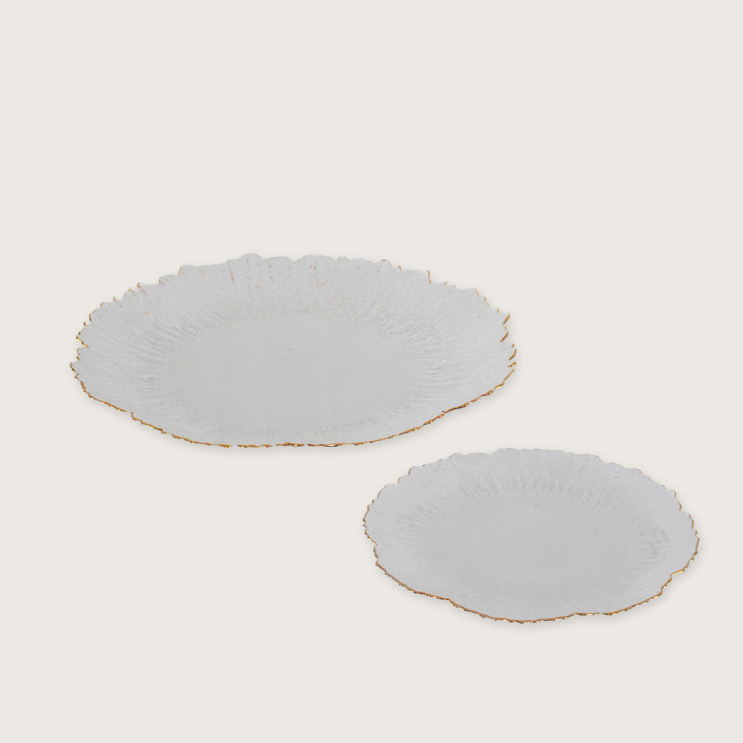 Sunburst Glass Platter Set with Gold Rim – 1 Large Tray & 6 Snack Plates