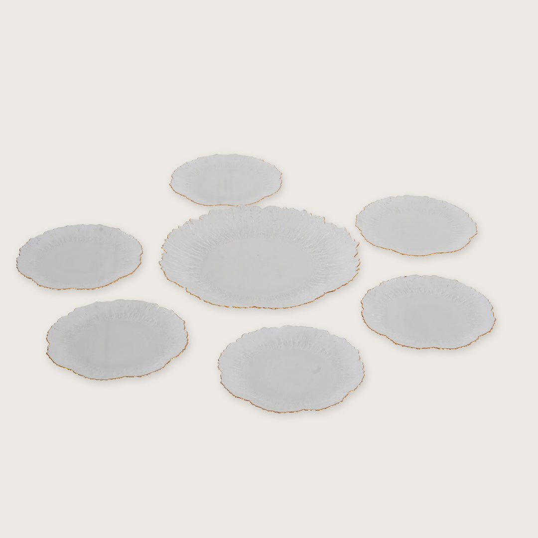 Sunburst Glass Platter Set with Gold Rim – 1 Large Tray & 6 Snack Plates