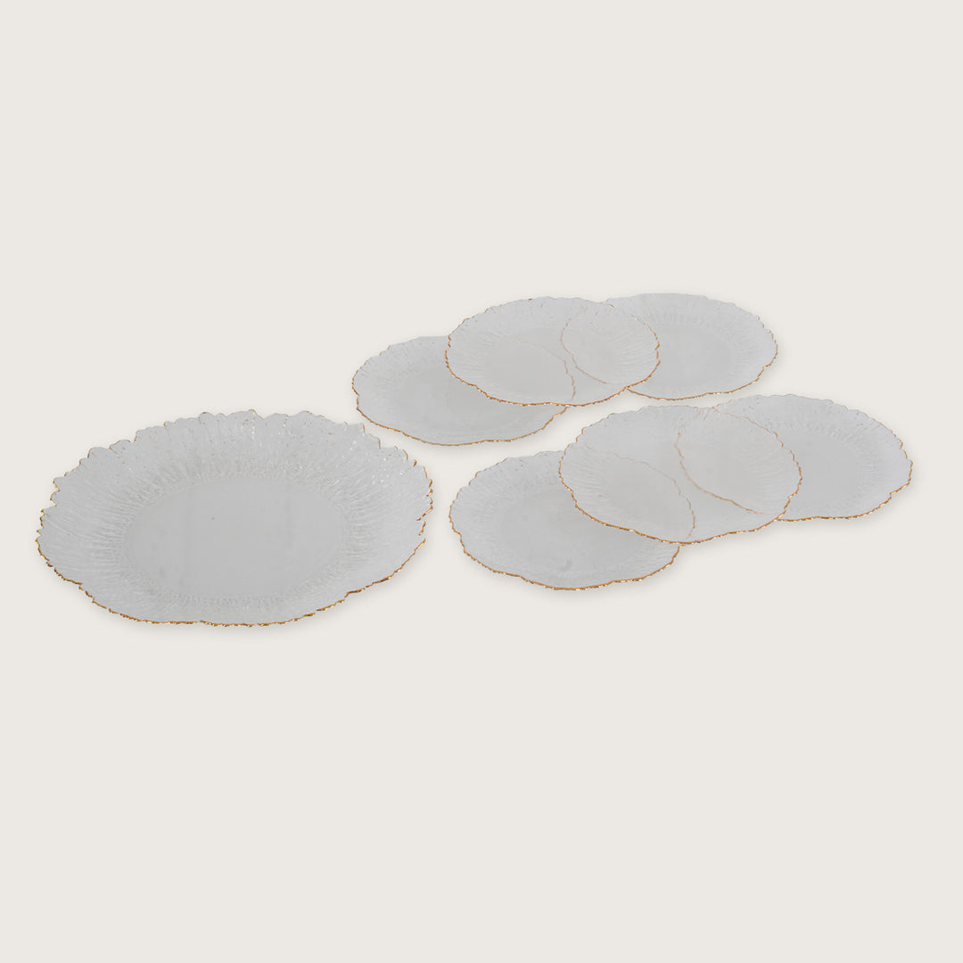 Sunburst Glass Platter Set with Gold Rim – 1 Large Tray & 6 Snack Plates