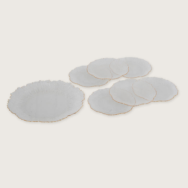 Sunburst Glass Platter Set with Gold Rim – 1 Large Tray & 6 Snack Plates