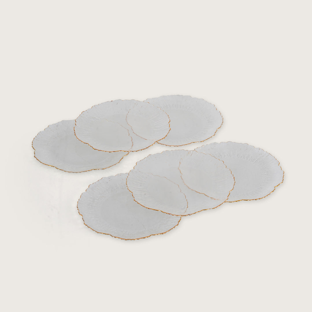 Sunburst Glass Platter Set with Gold Rim – 1 Large Tray & 6 Snack Plates