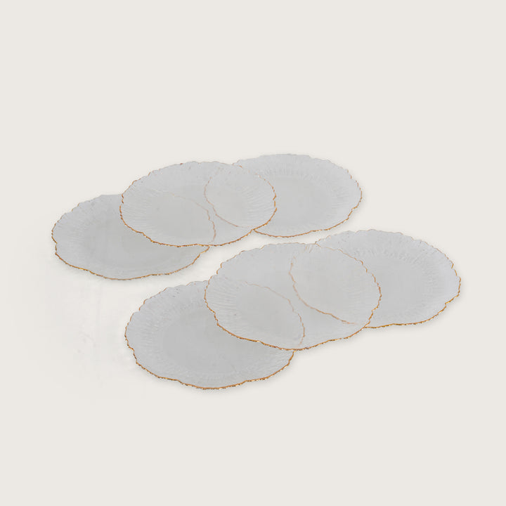 Sunburst Glass Platter Set with Gold Rim – 1 Large Tray & 6 Snack Plates