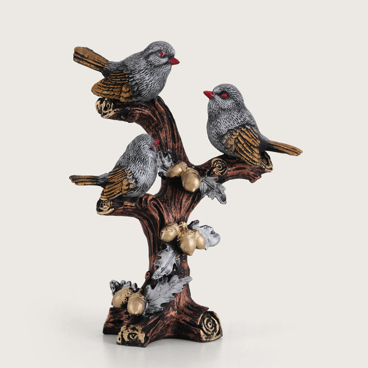 Artisan-Crafted Trio of Grey Birds on Gilded Oak Branch