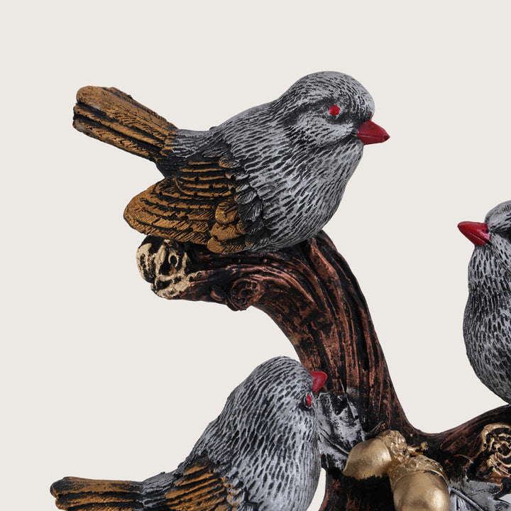 Artisan-Crafted Trio of Grey Birds on Gilded Oak Branch