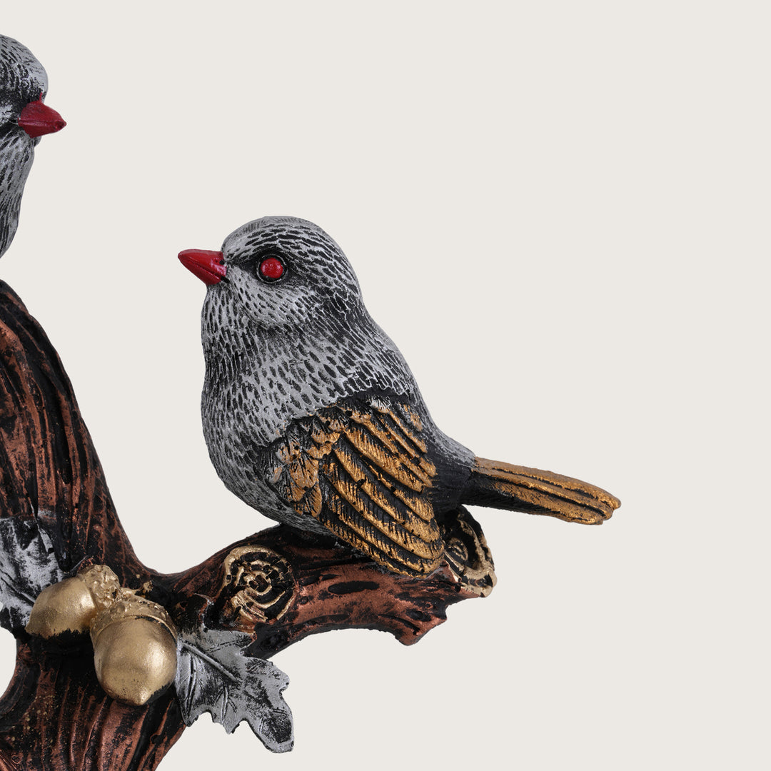 Artisan-Crafted Trio of Grey Birds on Gilded Oak Branch