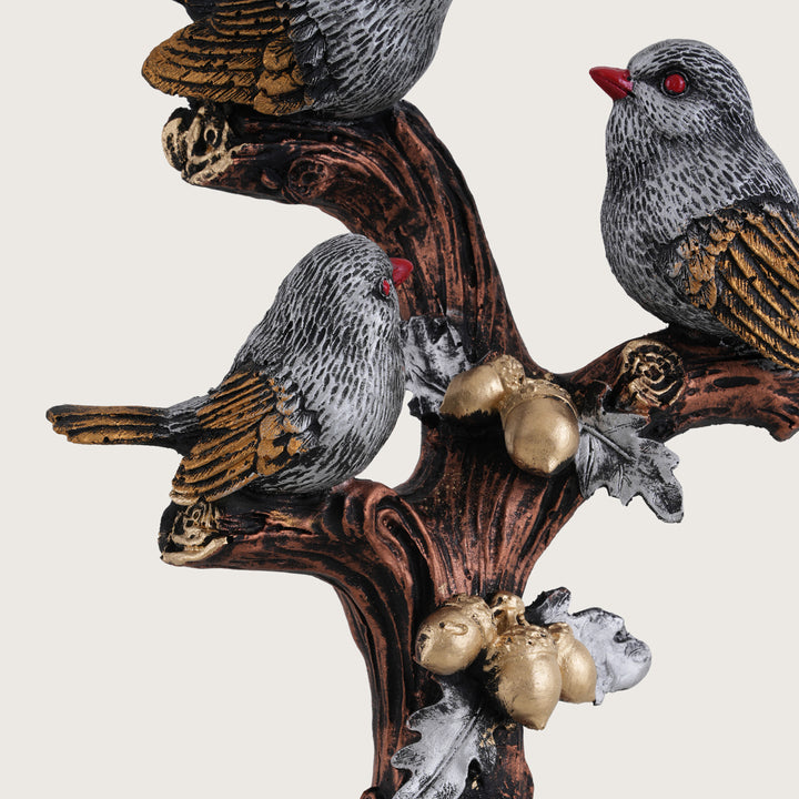 Artisan-Crafted Trio of Grey Birds on Gilded Oak Branch