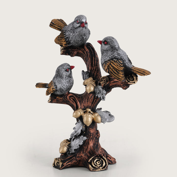 Artisan-Crafted Trio of Grey Birds on Gilded Oak Branch