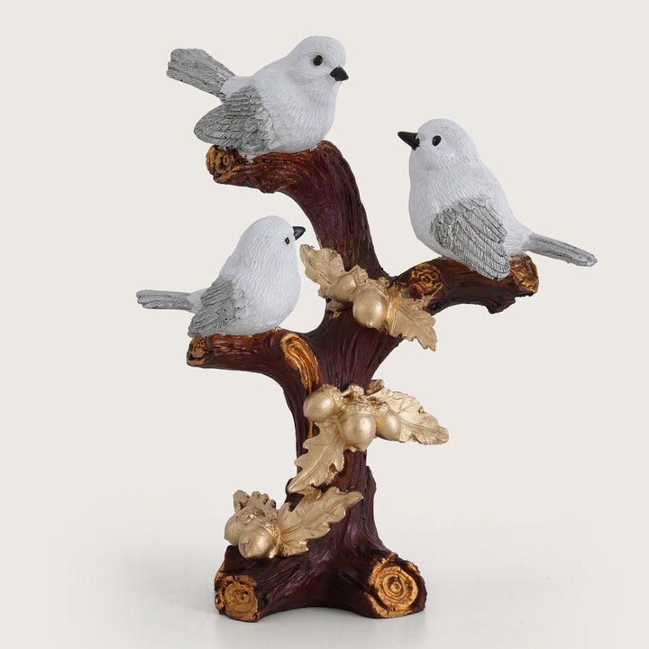 Artisan-Crafted Trio of White Birds on Gilded Oak Branch