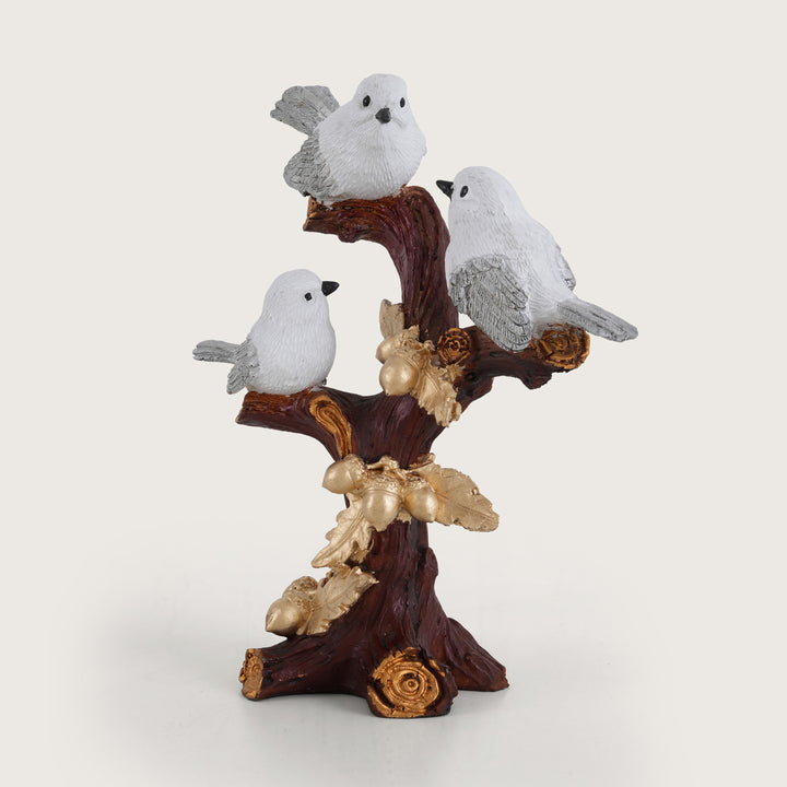 Artisan-Crafted Trio of White Birds on Gilded Oak Branch