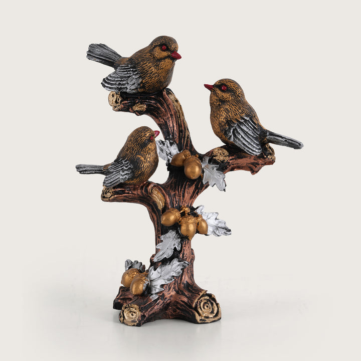 Artisan-Crafted Trio of Rustic Birds on Gilded Oak Branch