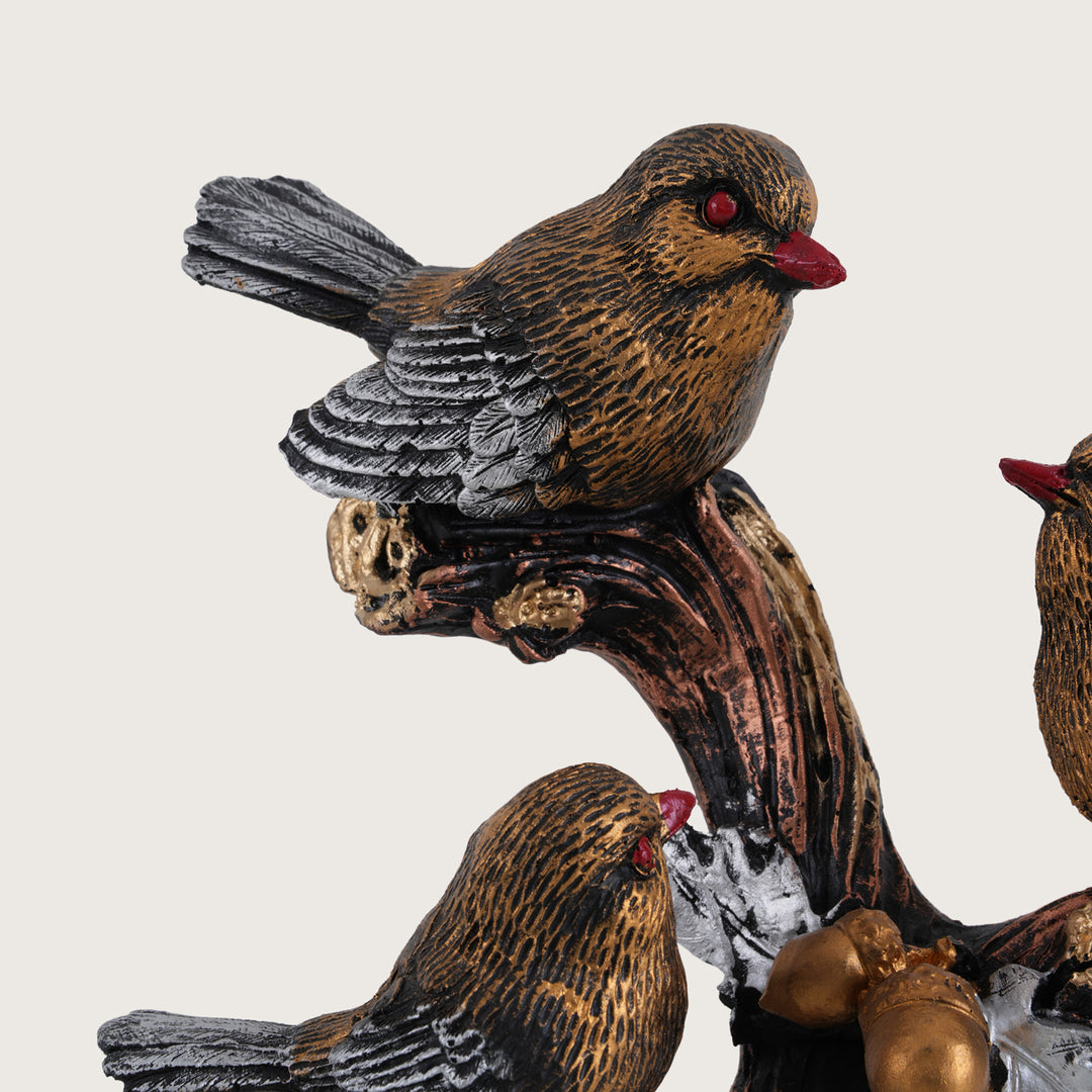 Artisan-Crafted Trio of Rustic Birds on Gilded Oak Branch