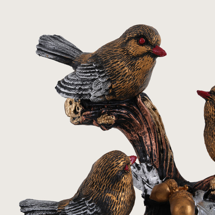Artisan-Crafted Trio of Rustic Birds on Gilded Oak Branch