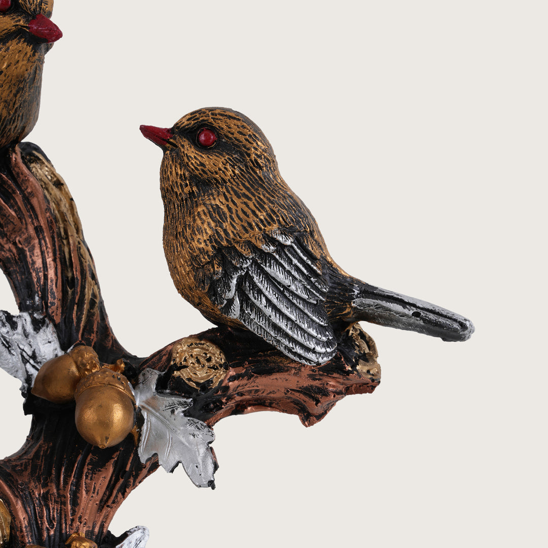 Artisan-Crafted Trio of Rustic Birds on Gilded Oak Branch