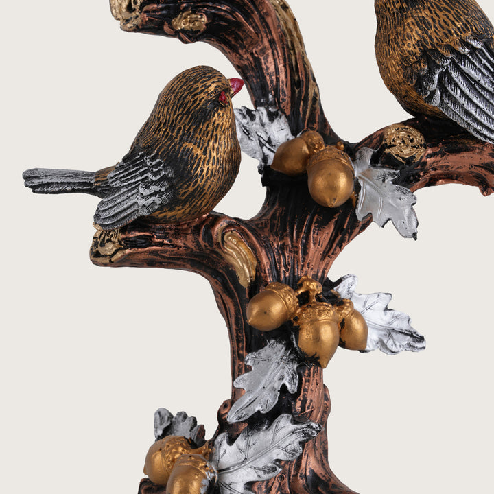 Artisan-Crafted Trio of Rustic Birds on Gilded Oak Branch