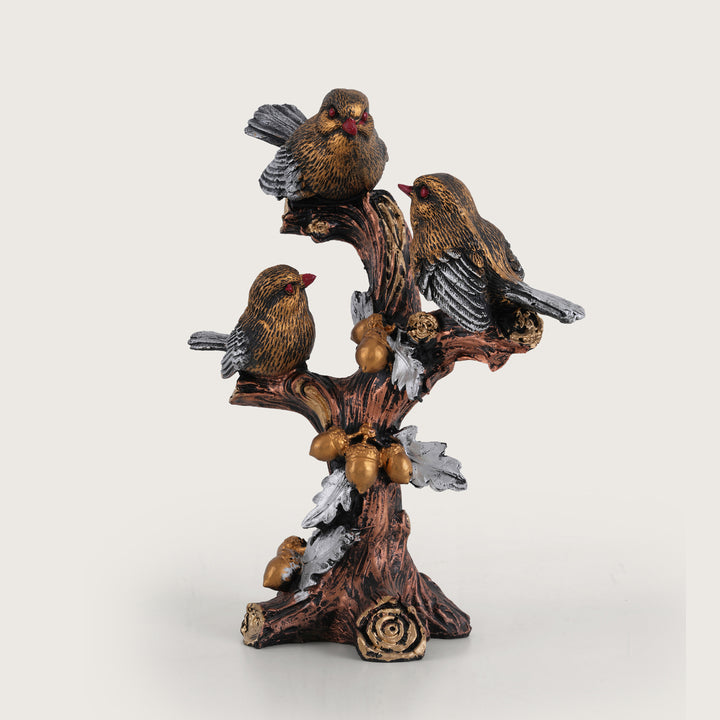 Artisan-Crafted Trio of Rustic Birds on Gilded Oak Branch