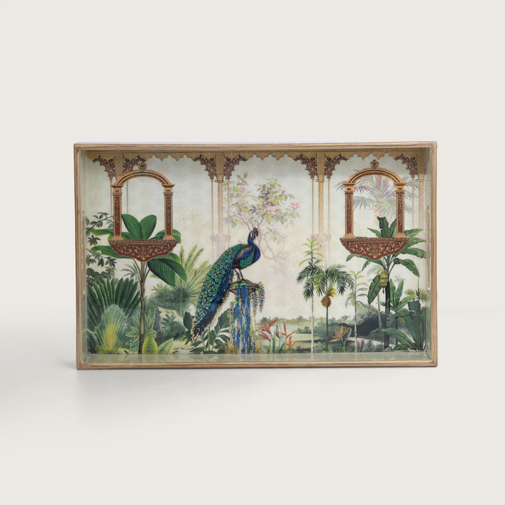 Printed Mor Pankh Tray For Dining & Serving - Set of 3