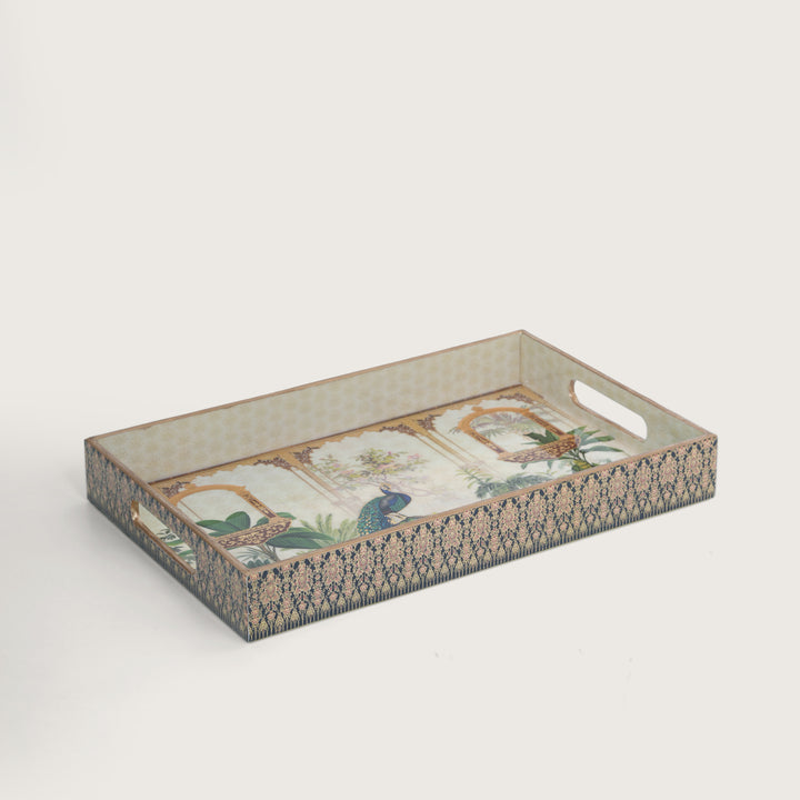 Printed Mor Pankh Tray For Dining & Serving - Set of 3