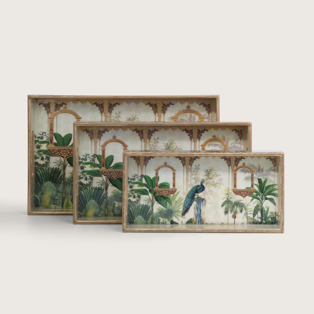 Printed Mor Pankh Tray For Dining & Serving - Set of 3