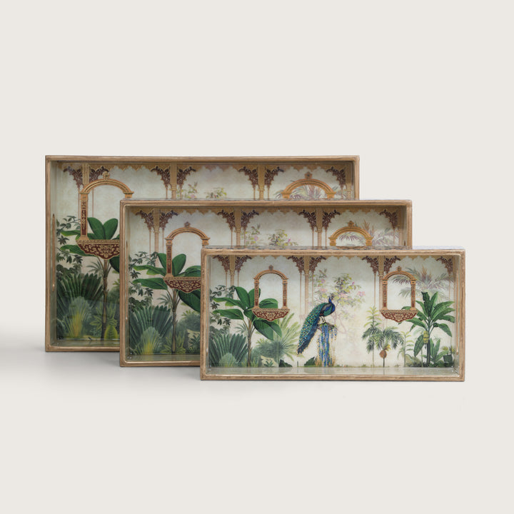 Printed Mor Pankh Tray For Dining & Serving - Set of 3
