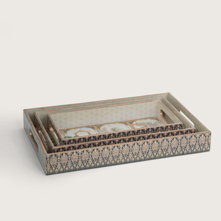 Printed Mor Pankh Tray For Dining & Serving - Set of 3