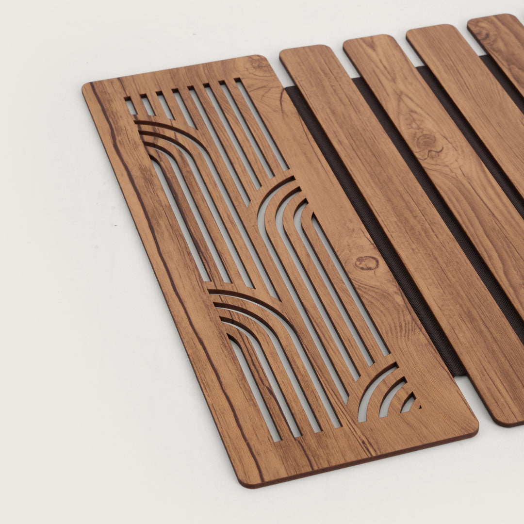 Contemporary Wave-Accent Slatted Table Runner 14*36 Inch Oak & Dark Brown