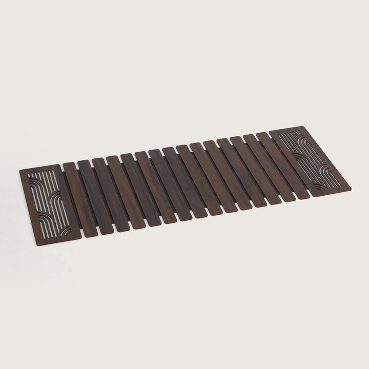 Contemporary Wave-Accent Slatted Table Runner 14X72 Inches Oak & Dark Brown