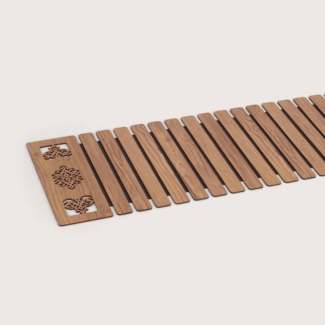 Artisan Slat Table Runner with Laser-Cut Medallions 14X 72 Inches Oak & Dark Brown