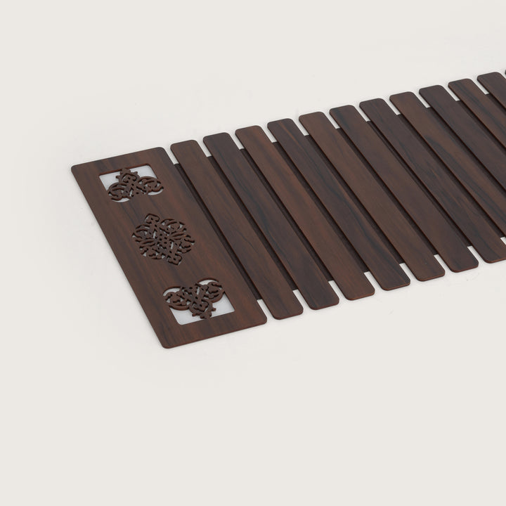 Artisan Slat Table Runner with Laser-Cut Medallions 14X 72 Inches Oak & Dark Brown