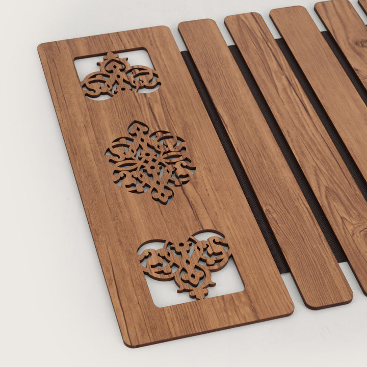 Artisan Slat Table Runner with Laser-Cut Medallions 14X 72 Inches Oak & Dark Brown