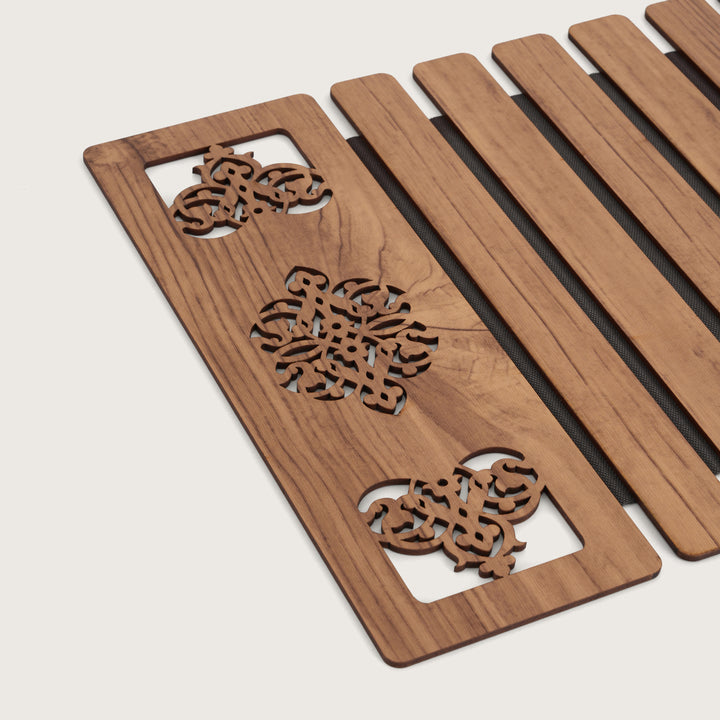 Artisan Slat Table Runner with Laser-Cut Medallions 14X 72 Inches Oak & Dark Brown