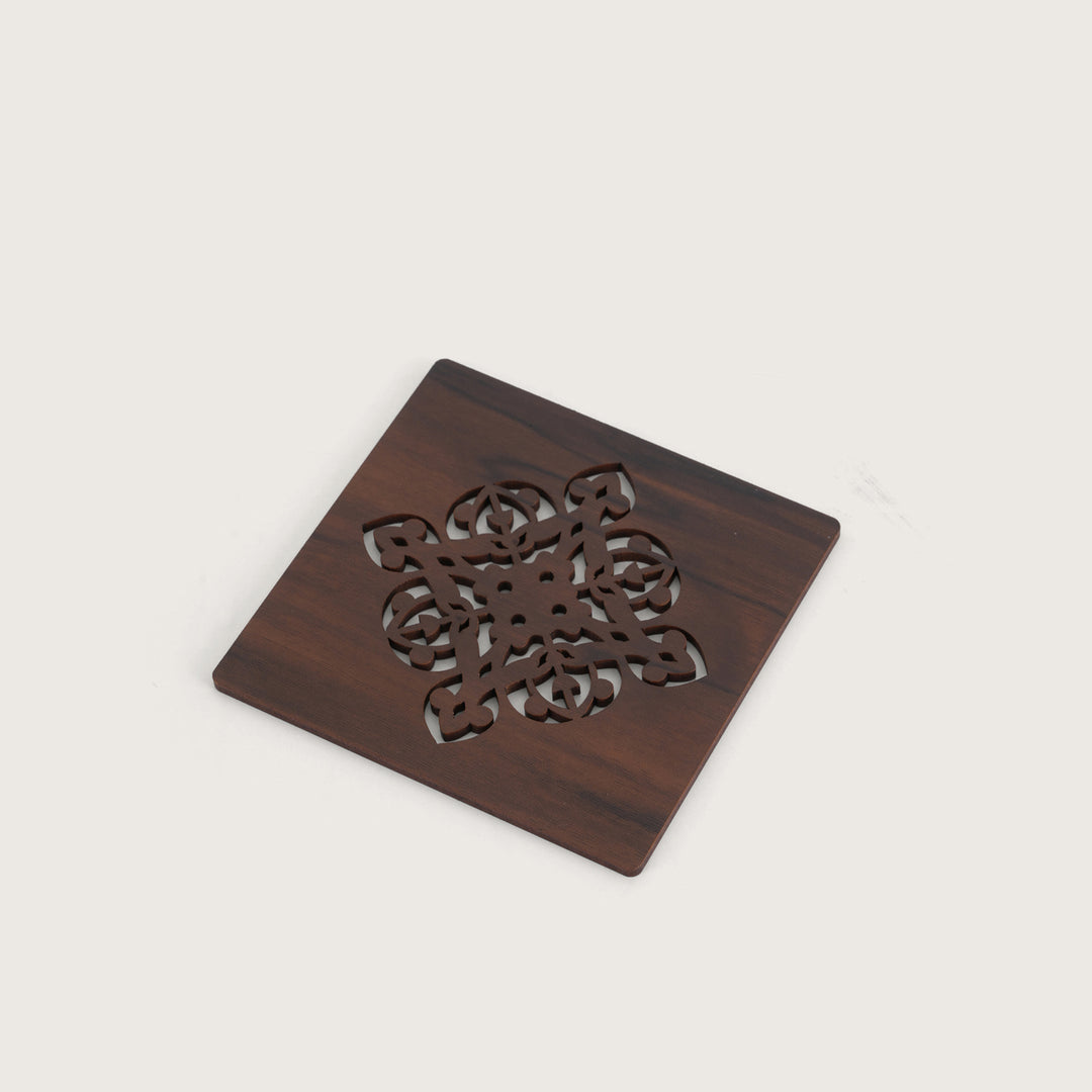 Elegant Espresso Square Coaster Set with Laser-Cut Medallions