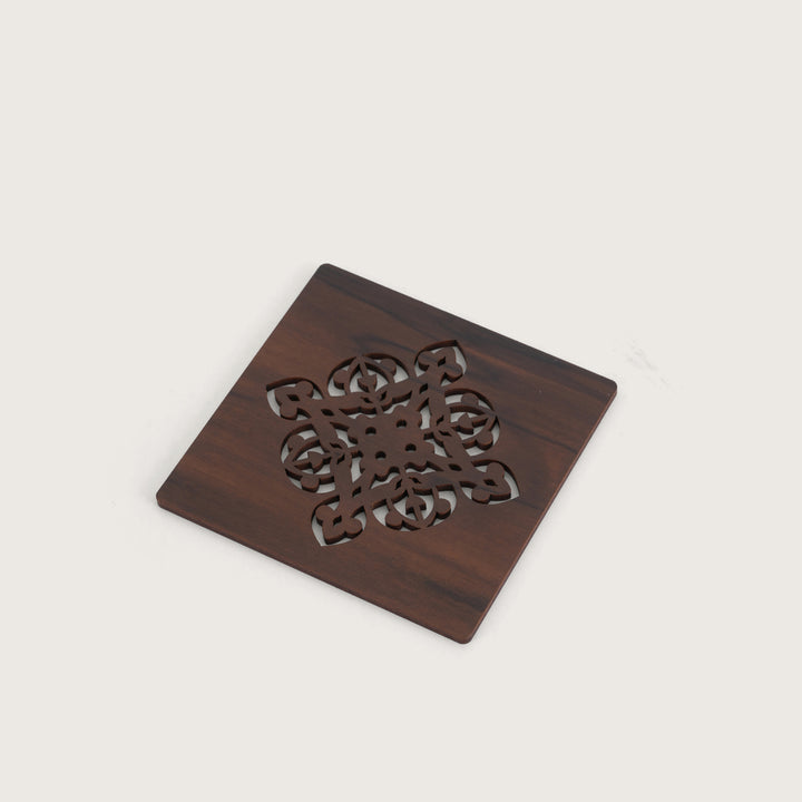 Elegant Espresso Square Coaster Set with Laser-Cut Medallions
