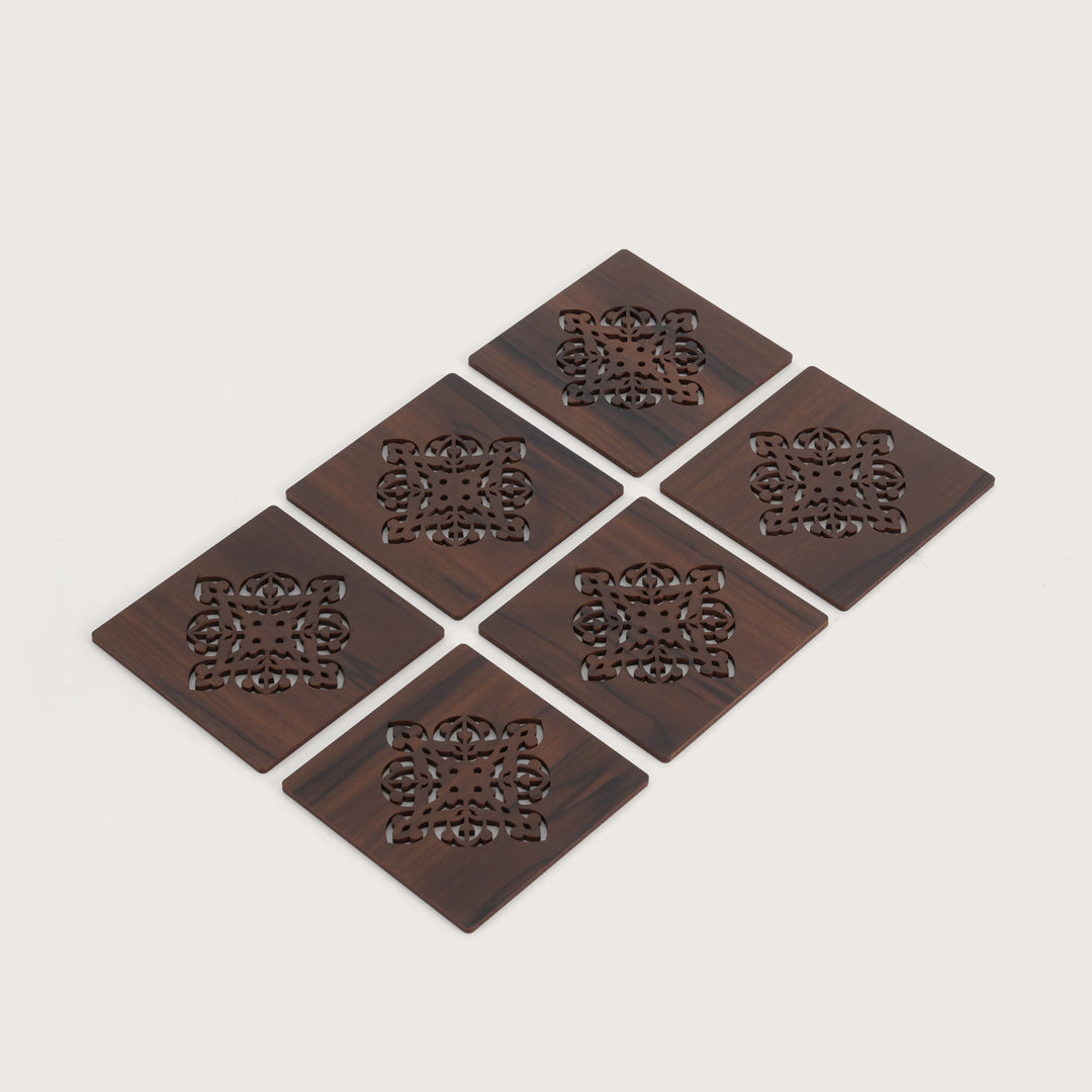 Elegant Espresso Square Coaster Set with Laser-Cut Medallions